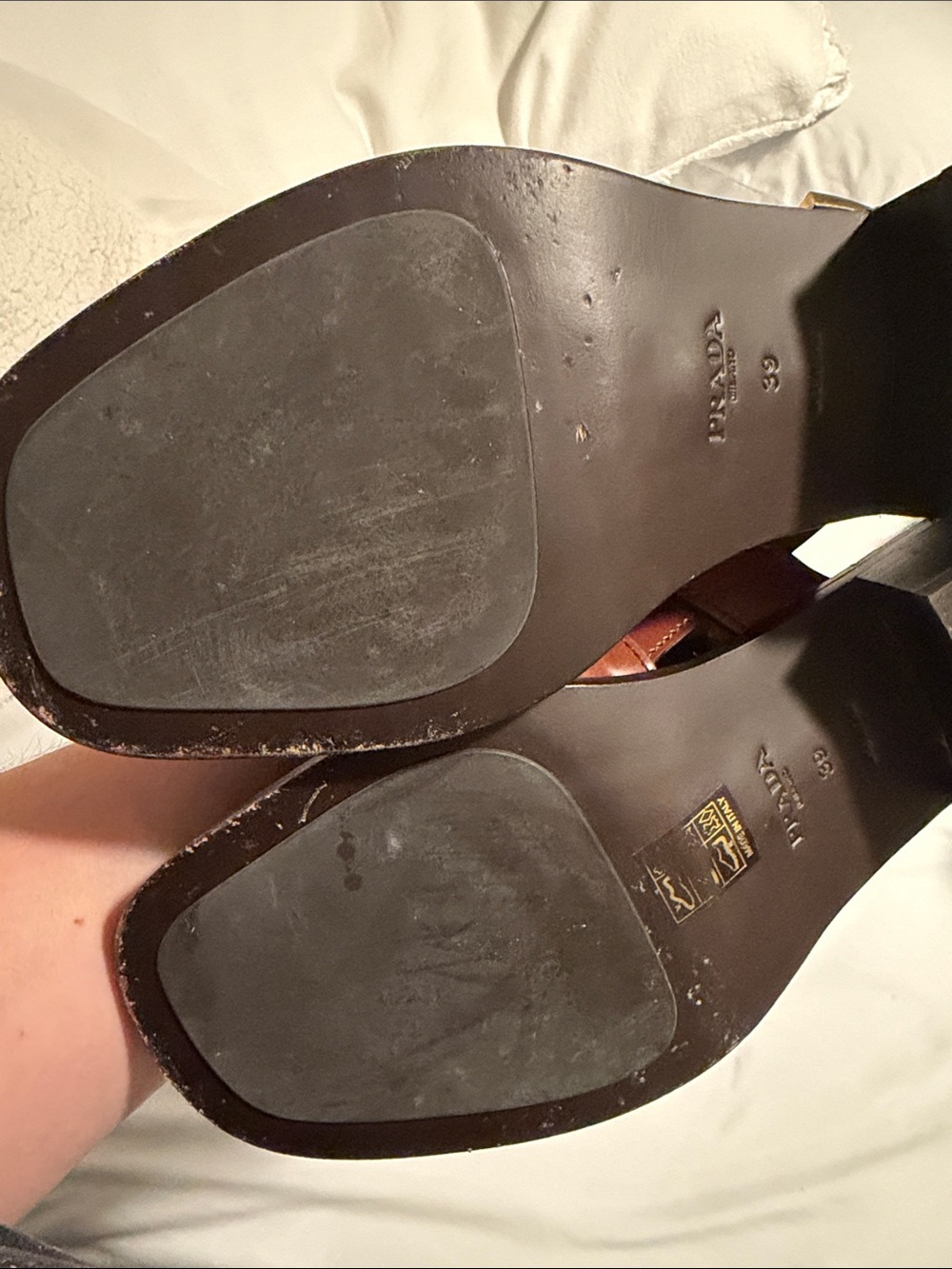 Prada Tan Leather Sandals with Gold-Tone Buckle Accents - Picture 2 of 7
